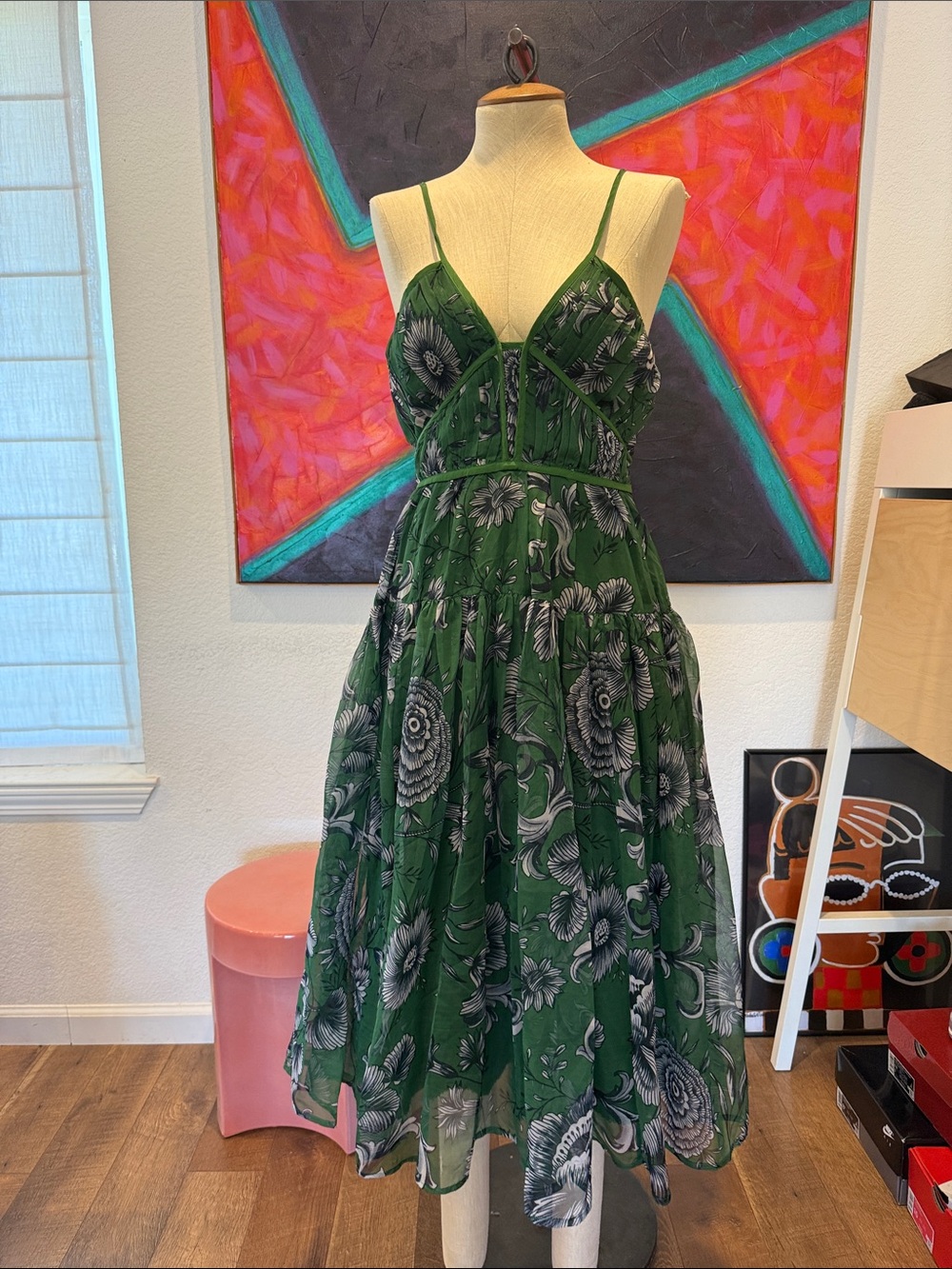 Anthropologie Dark Green Floral Midi Dress with Spaghetti Straps